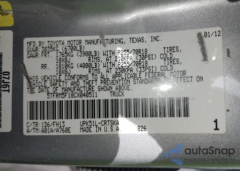 2012 Toyota Tundra Grade 4.6L V8 from USA, damaged, VIN 5TFRM5F18CX040511